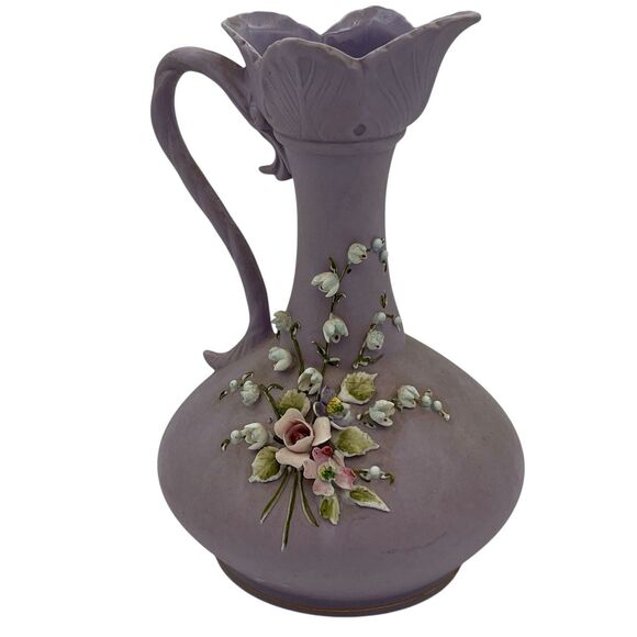 Vtg. Lefton Purple Floral Lilac Vase Raised Applied Sweet Pea Flowers Hand Paint - Picture 1 of 11